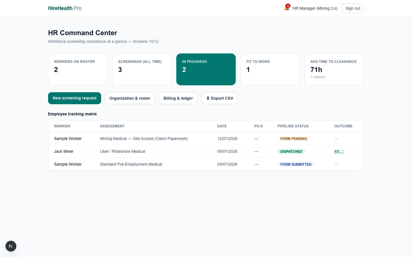 Employer HR command centre with roster and certification status