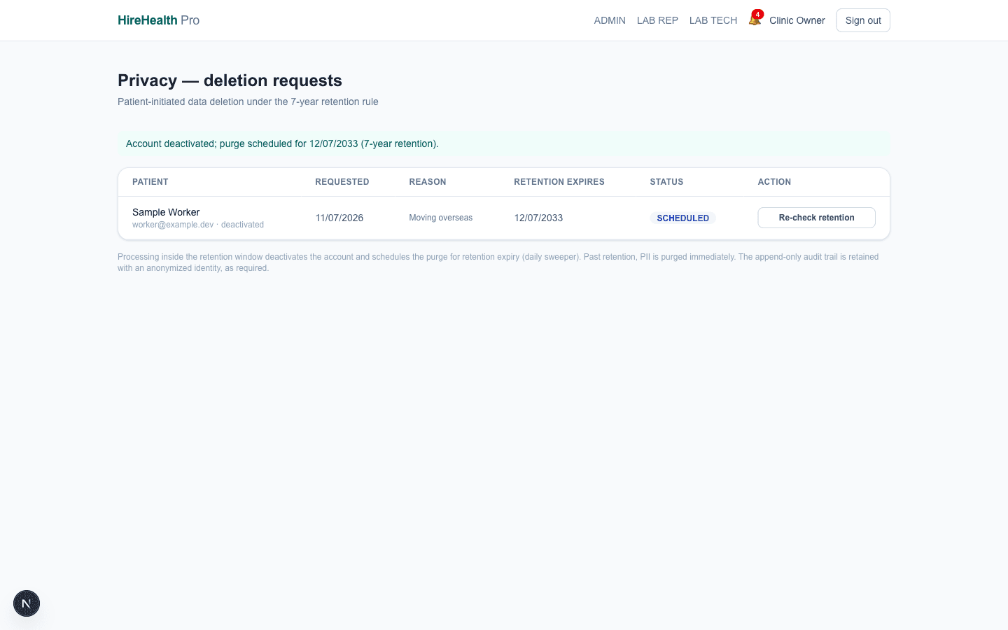 Deletion request queue with retention schedule