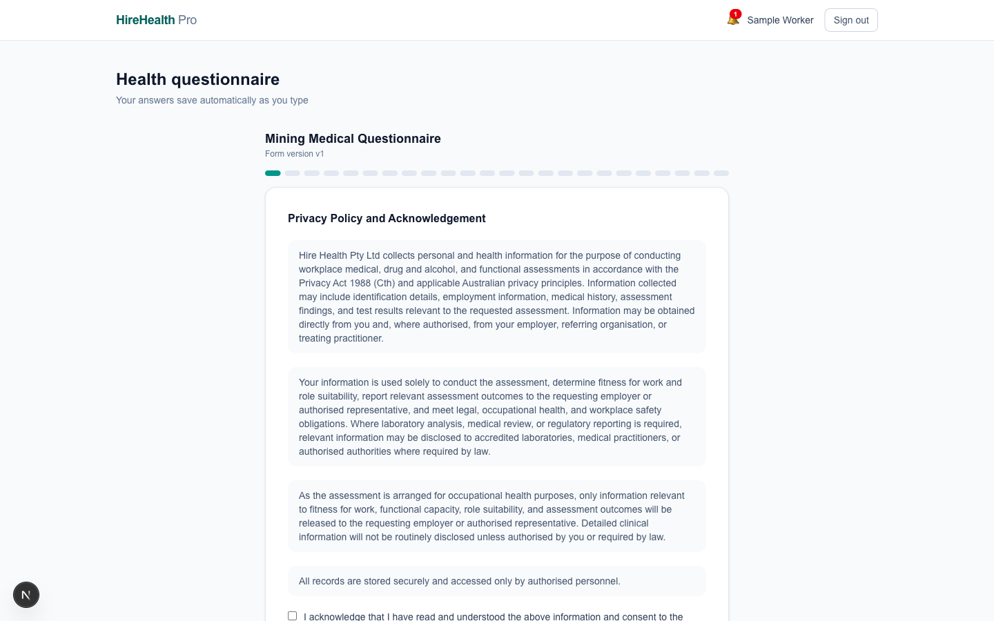 Digital pre-screening questionnaire with auto-scored sections